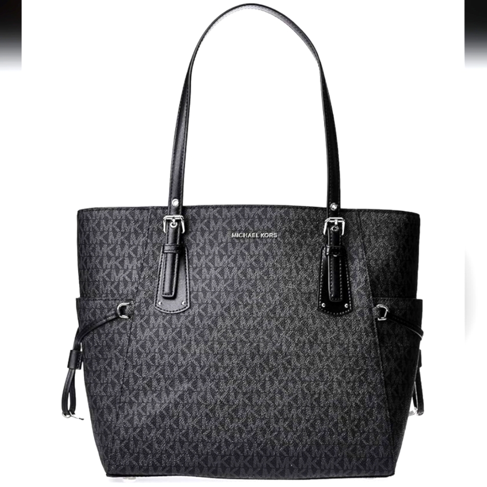 New Michael Kors Voyager East West  Logo Signature Tote Dark Silver Bag Handb